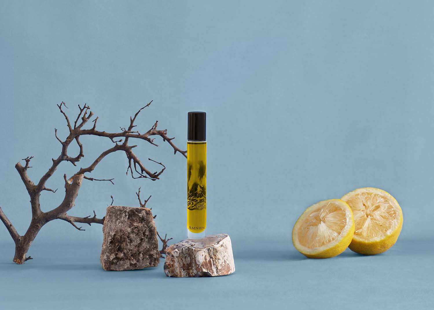 Colpo dell'onda scented oil for a moment of energy featured in a scene with lemons, rocks, and branches.