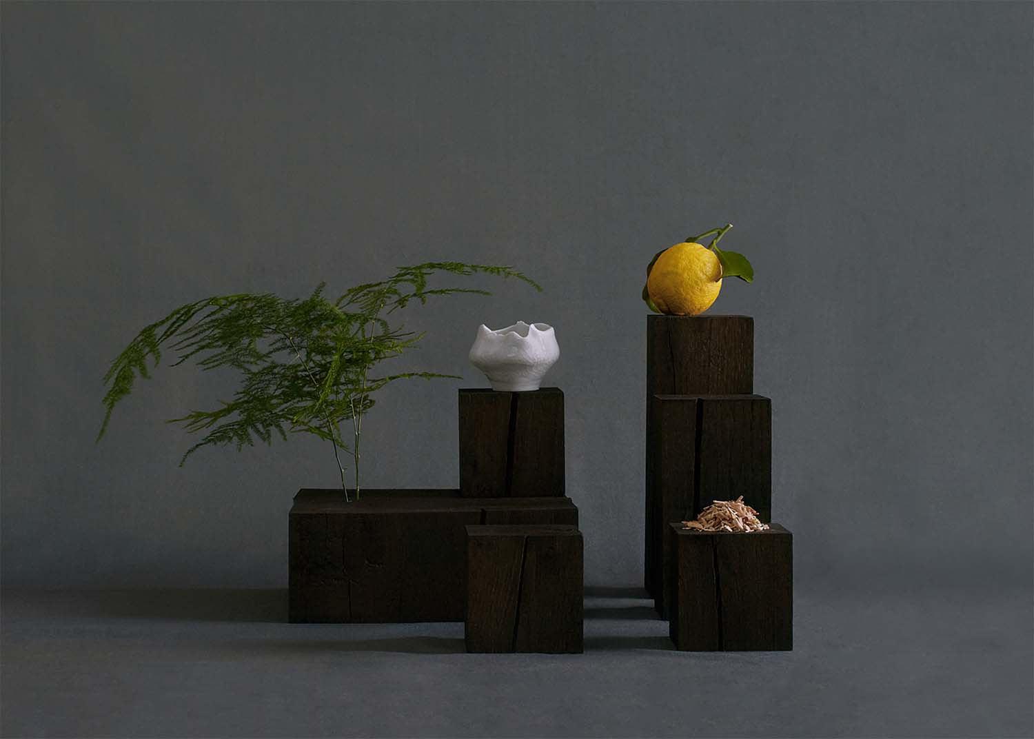 Solid cedar wood cubes stacked in different levels with a lemon, sandalwood splinters, a hand-made ceramic bowl, and branches mimicking a tree